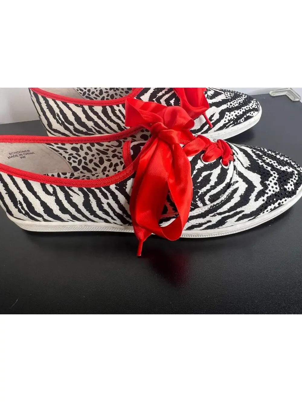 J Renee Zebra Print Sneakers 9Wide Rhinestone Toe Red Ribbon Lace Fashion Shoes - Picture 7 of 15